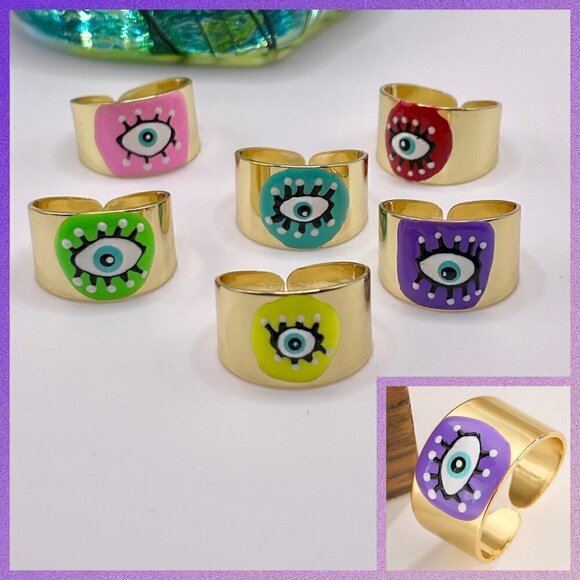 Boho Evil Eye Enamel and Copper Adjustable Ring #1300 PURPLE - Picture 1 of 14